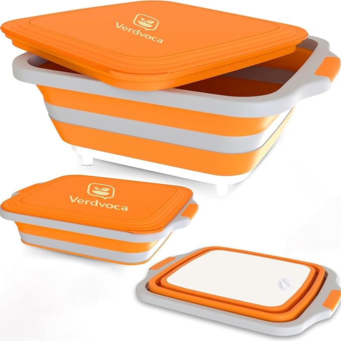 Collapsible BBQ Prep Tubs with Lids, Grill Cutting Board, Camping Sink with Drainage Hole for Meal