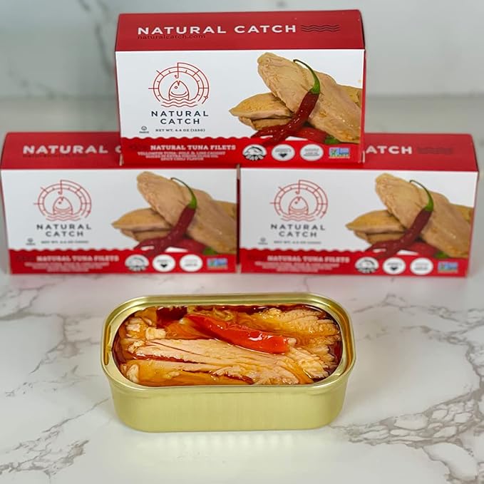 Natural Catch Tuna Spicy Yellowfin Filets, Hand Cut, Pole & Line Caught, 130 Calories Gluten-Free