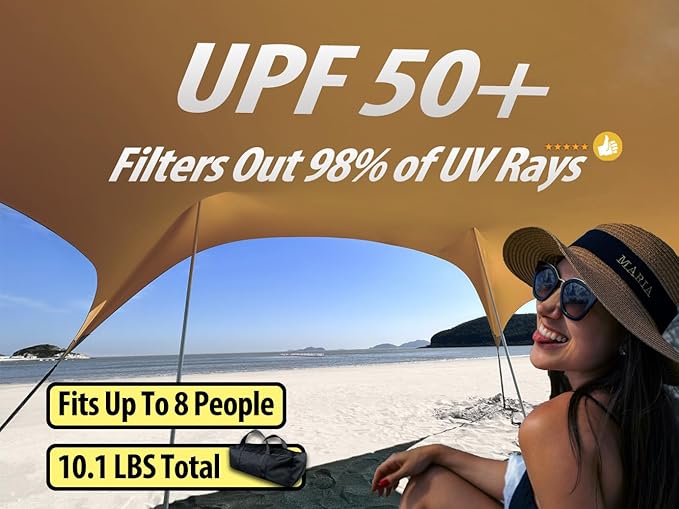 10×10ft UPF50+ Beach Tent Sun Shelter, Windproof Stable Outdoor Pop Up Beach Shade Canopy for