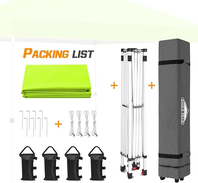 EAGLE PEAK Pop Up Canopy Tent with Wheeled Carry Bag, 8 Stakes, 4 Ropes, 4 Weight Bags, Easy Set Up