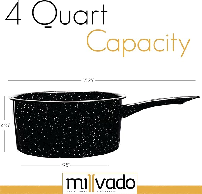 4 Quart Granite Saucepan, Naturally Nonstick Sauce Pots, Speckled Enamel Ware Cookware, Small Sauce