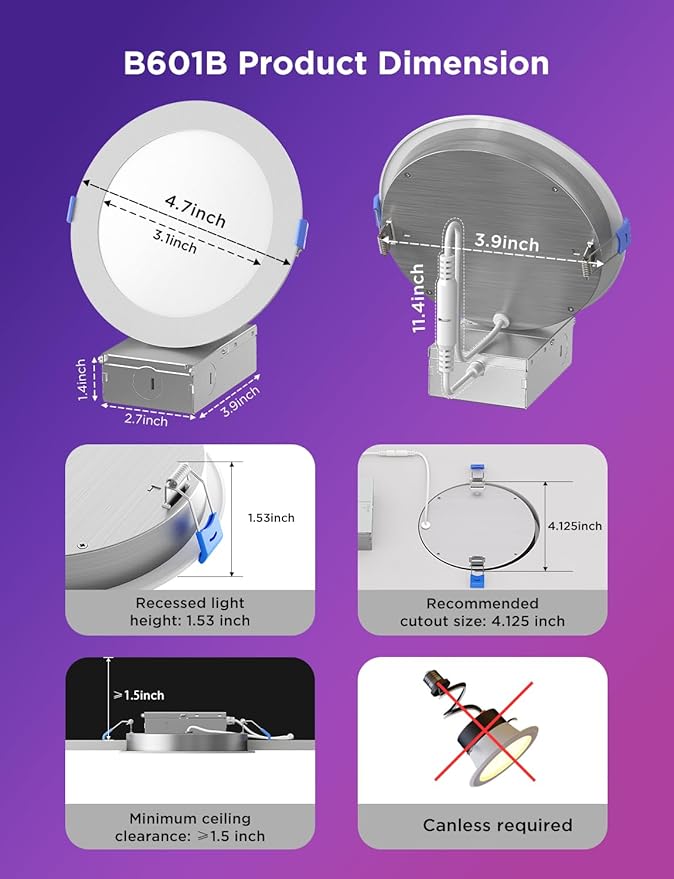 Govee Smart Recessed Lighting 4 Inch, Wi-Fi Bluetooth Direct Connect RGBWW LED Downlight, 65 Scene