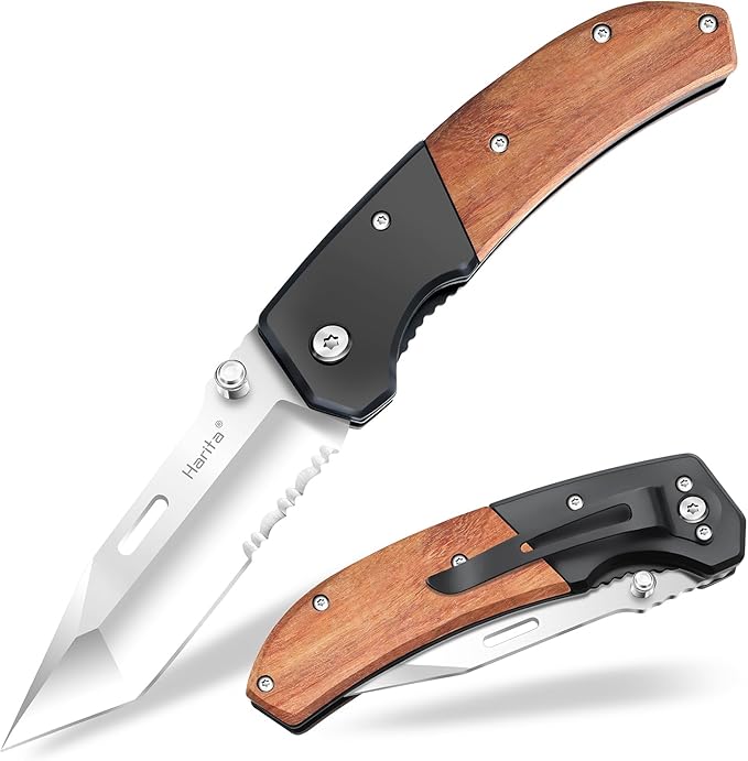 Harita Pocket Knife for Men, Folding Utility with Pocket Clip, Wood Handle EDC for Women with 3.4″