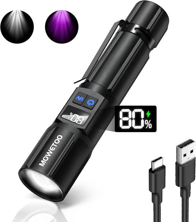 Black Light Flashlight 395NM, UV Light USB C Rechargeable with LCD Display, Zoomable Woods Lamp