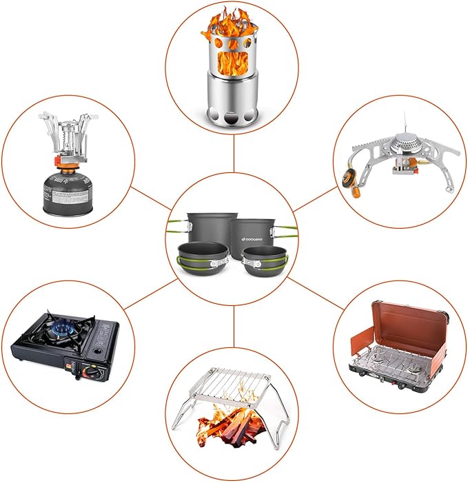 Odoland 16pcs Camping Cookware Mess Kit, Lightweight Pot Pan Mini Stove with 2 Cups, Fork Spoon