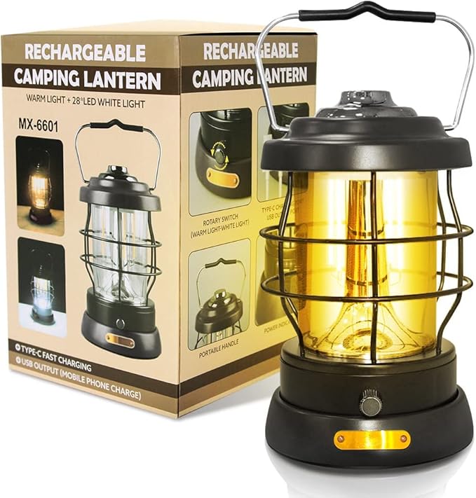 UniqueFire Retro Camping Lantern Rechargeable 1500LM 2 Modes Dimmable,Portable Electric Hurricane