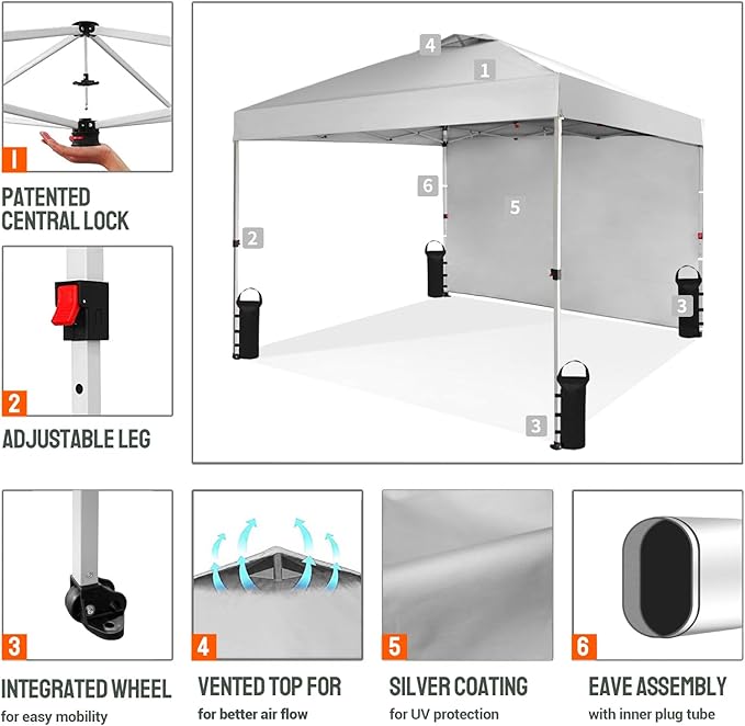 CROWN SHADES 10x10 Pop Up Canopy with 1 Side Wall - Beach Tent with One Push Setup - Outdoor Sun