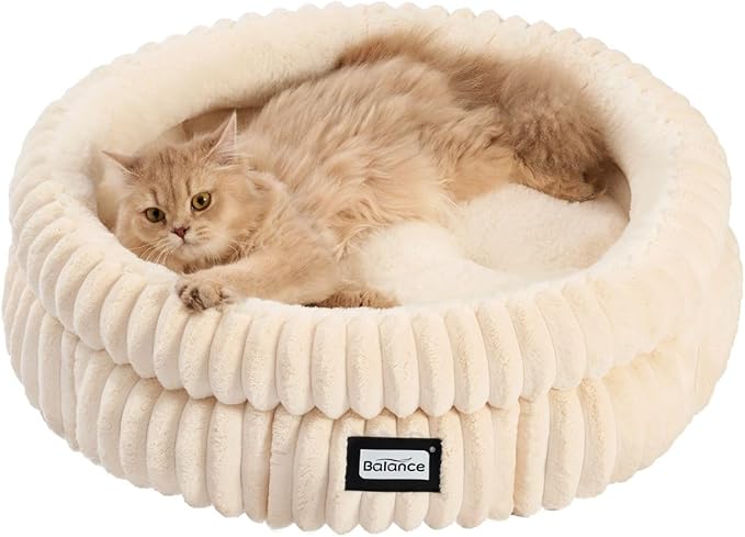 BALANCE Cat Bed Kitten Bed, Washable Round Cat Beds for Indoor Cats,Super Soft Plush Faux Fur Pet