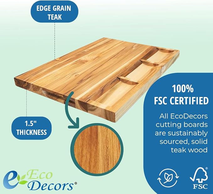 EcoDecors, Teak Cutting Board 24x18, FSC Certified Edge Grain Wood Reversible Butcher Block with