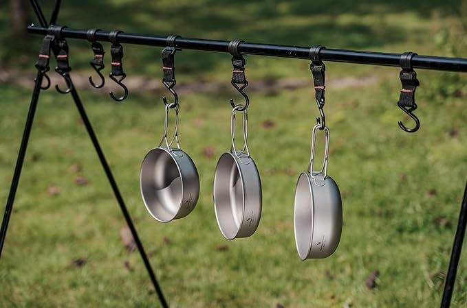 iBasingo 3-Piece Set Titanium Pot Set Camping Cooking Pan with Folding-Handle Outdoor Camp Cookware