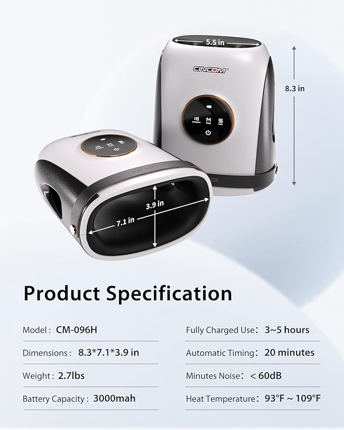 CINCOM Hand Massager with Heat and Compression, Finger and Palm Massage Machine for Pain Relief