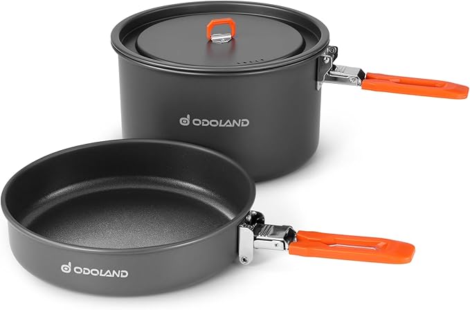 Odoland Camping Cookware Mess Kit, Non-Stick Lightweight Camping Pot and Fry Pan Set with Mesh Bag