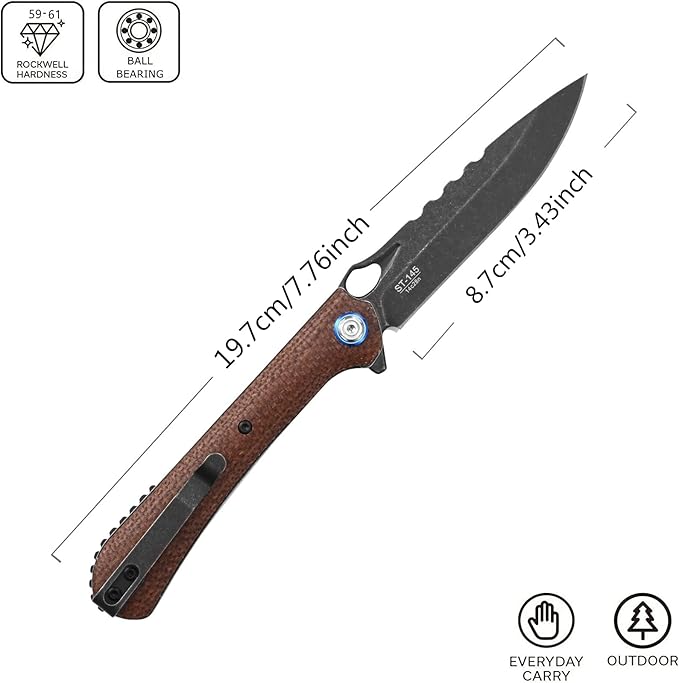 Sitivien ST145 Folding Pocket Knife,Black Stonewashed 14C28N Steel Blade,Micarta Handle EDC Tool