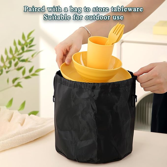 Camping Mess Kit for 4 with Bowl, Plate, Cup, Spoon, Fork, Knife and Carry Bag, Plastic Camping