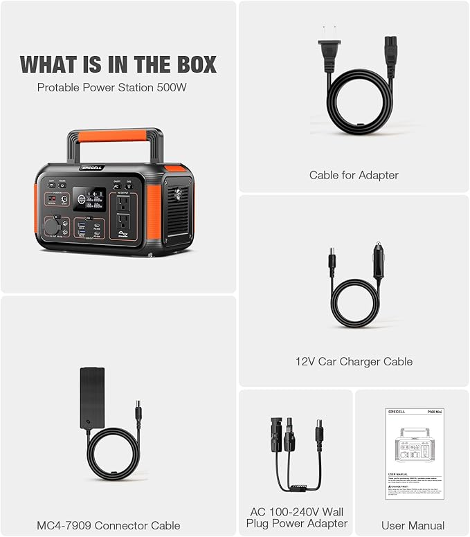 GRECELL 500W Portable Power Station 444Wh Solar Generator with 110V Pure Sine Wave AC Outlet/PD60W
