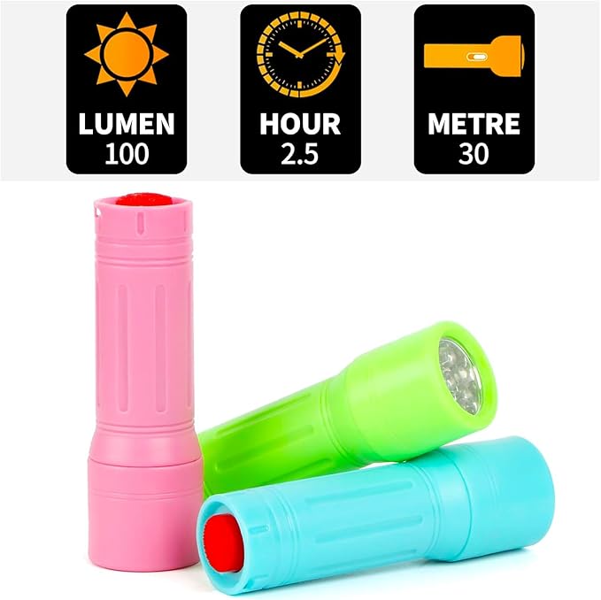 3 Pack 9-LED Mini Flashlight Bulk, Small Multicolor Flashlights with Lanyard, 9 AAA Batteries