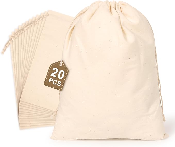 20PCS Cotton Produce Bags, 8X10inch Reusable Muslin Storage Bags with Drawstrings, Natural Cotton