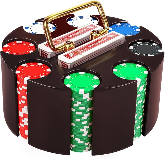 Poker Set, 200pcs 11.5gr Hefty Casino Chip Set with Solid Wooden Rotating Carousel Case and 2 Decks