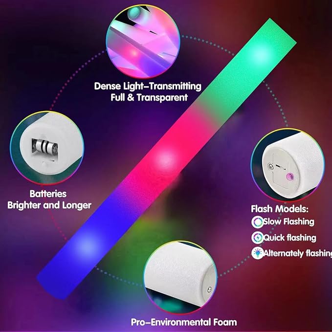 28PCS LED Foam Halloween Glow Sticks, Foam Light up Sticks Bulk Party Pack with 3Modes Colorful