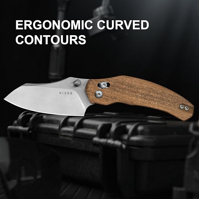 Kizer Bulldog Pocket Knife, 3 In Nitro V Blade Folding Knife Mkuruti Wood Handle Camping Hunting