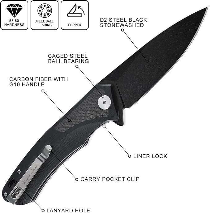 Petrified fish PF838,3.74" Black Stonewashed D2 Blade,166.6g Carbon fiber & G10 Handle Flipper