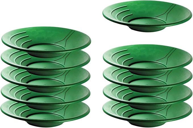 SE 14 Inch Gold Panning Pan - Three Riffles for Easier Mining and Prospecting (10 Pack Green)