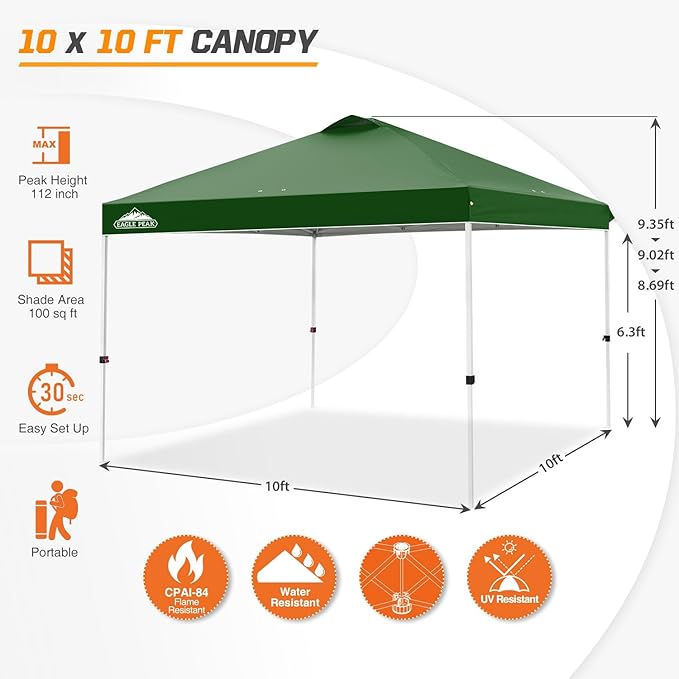 EAGLE PEAK Pop Up Canopy Tent with Wheeled Carry Bag, 8 Stakes, 4 Ropes, 4 Weight Bags, Easy Set Up