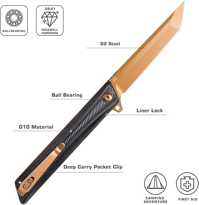 Pocket Knife GD22K, Flipper Open D2 Steel Tanto Folding knife with Durable G10 Handle,Men Women