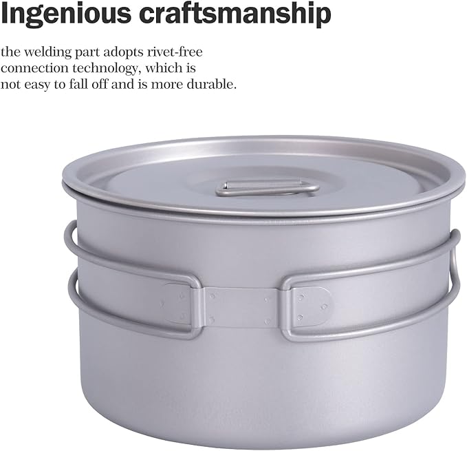 iBasingo 1.8L Titanium Cooking Pot with Lid Camping Cookware with Foldable Handle Outdoor Portable