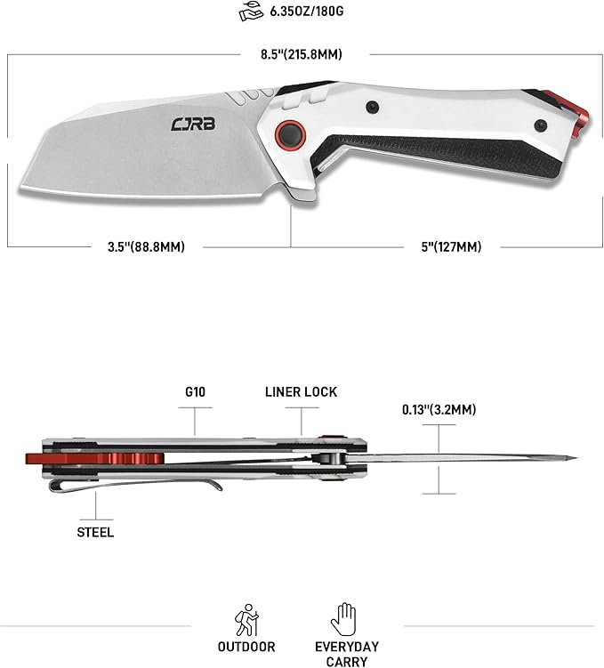 CJRB Tigris Pocket Knife, Folding Knife with AR-RPM9 Powder Steel Stonewash Blade Black & White G10