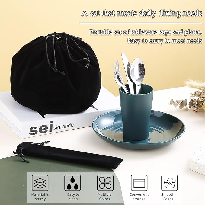 Evanda Camping Cutlery Set, Reusable Light Weight Mug, Plate and Stainless Steel Cutlery Set with