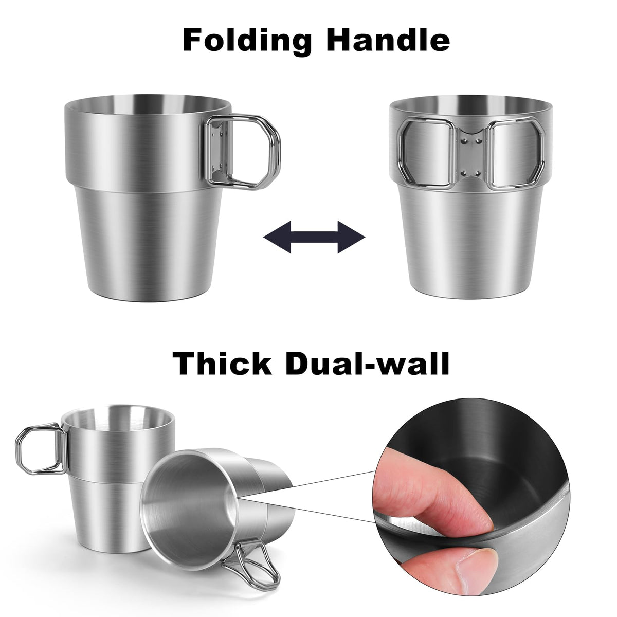 Ftabernam 4-Pack Stainless Steel Camping Cups with Foldable Handle, 10 oz Camping Coffee Mugs with