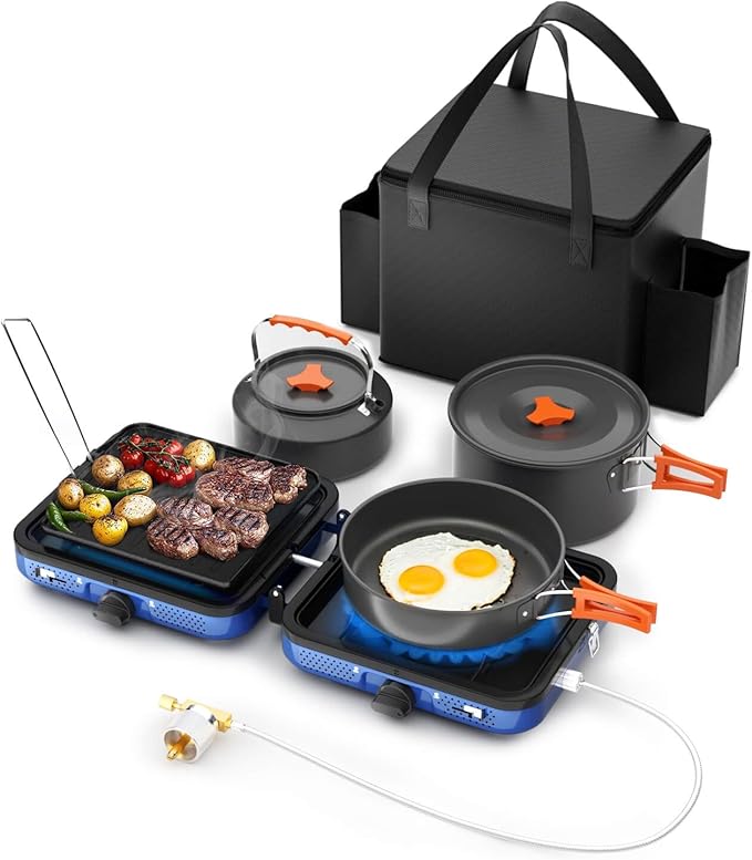 Portable 2 Burner Camping Stove Set with Cookware, Outdoor Cooking Kit Includes Outdoor Folding Gas