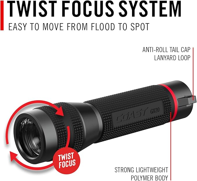 Coast GX20 1200 Lumen Waterproof Alkaline-Dual Power LED Flashlight with Twist Focus, Anti-Roll Cap