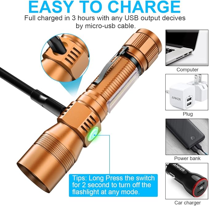 UV Flashlight Black Light, USB Rechargeable Flashlight with Magnetic Base - High Flash Light, Side