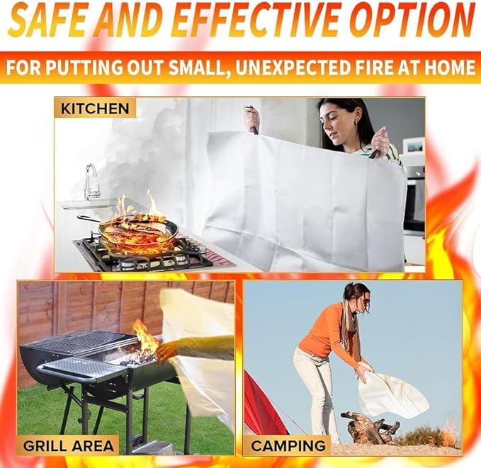 Emergency Fire Blanket for Home Kitchen 40"x40" 2 Pack with Gloves and Hooks Flame Suppression