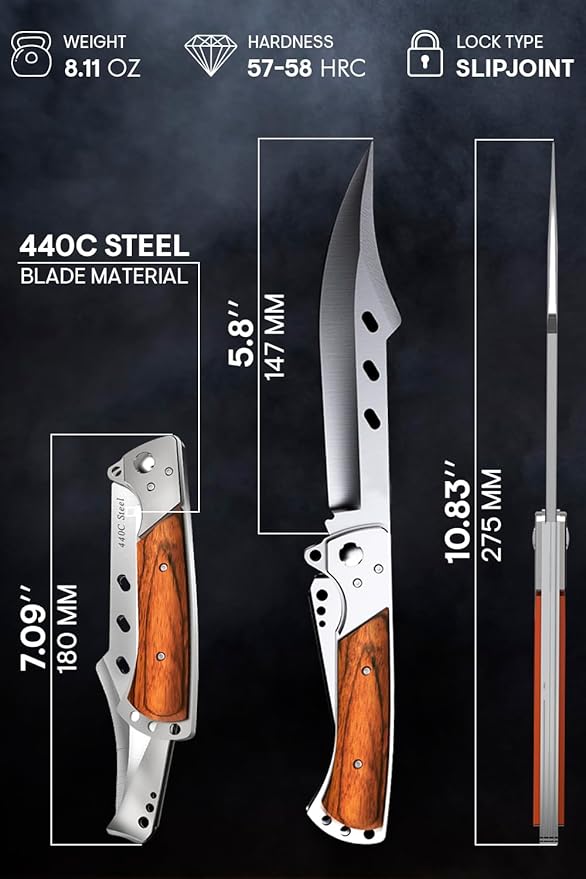 Grand Way Long Blade Folding Knife - Sharp Hunting Hiking Camping Tactical Survival Work Knives for