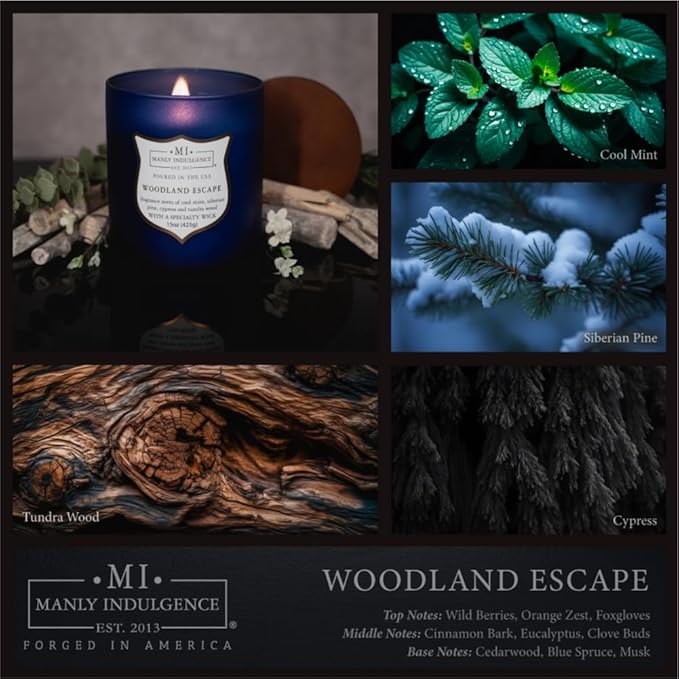 Manly Indulgence Woodland Escape Scented Candles for Men, 15 oz Wooden Wick, Premium Soy Blend Wax