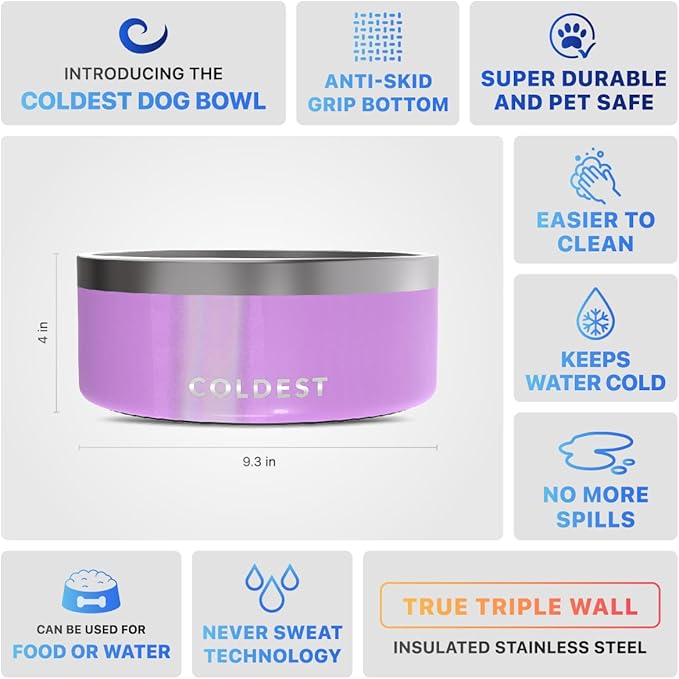 Coldest Dog Bowl - Anti Rust Metal, Non Slip, 3 Layers Insulated Stainless Steel Dog Bowls - Spill