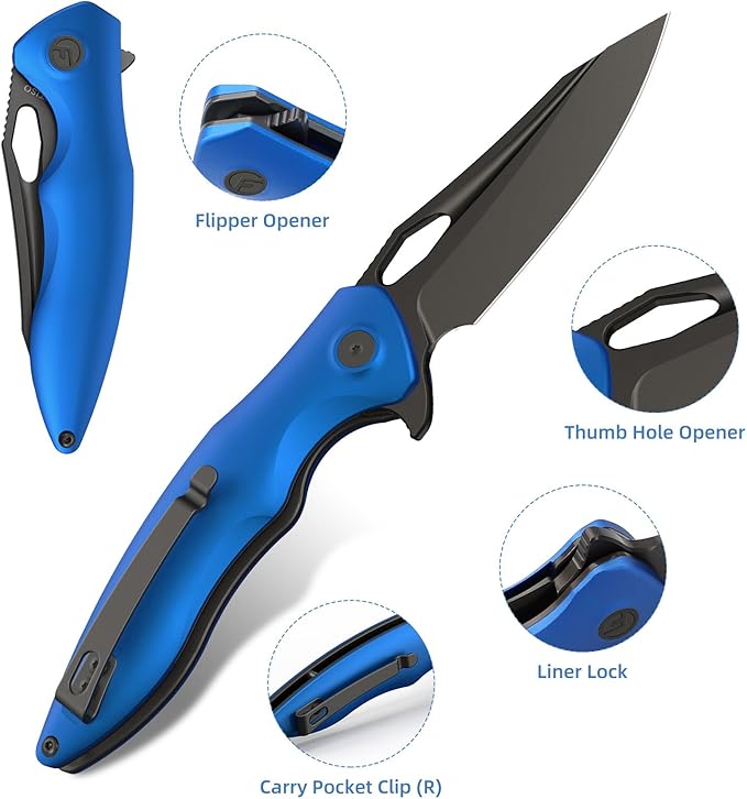 FINTISO Apollo Pocket Knife, 3.3" 14C28N Blade Aluminum Alloy Handle Folding Knife with Liner Lock