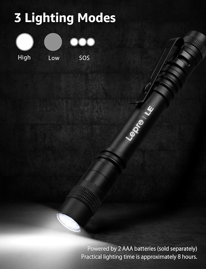 LE LED Pen Flashlights, Lightweight, Mini, Waterproof Pocket Flashlight with Clip, 2 Pack Small