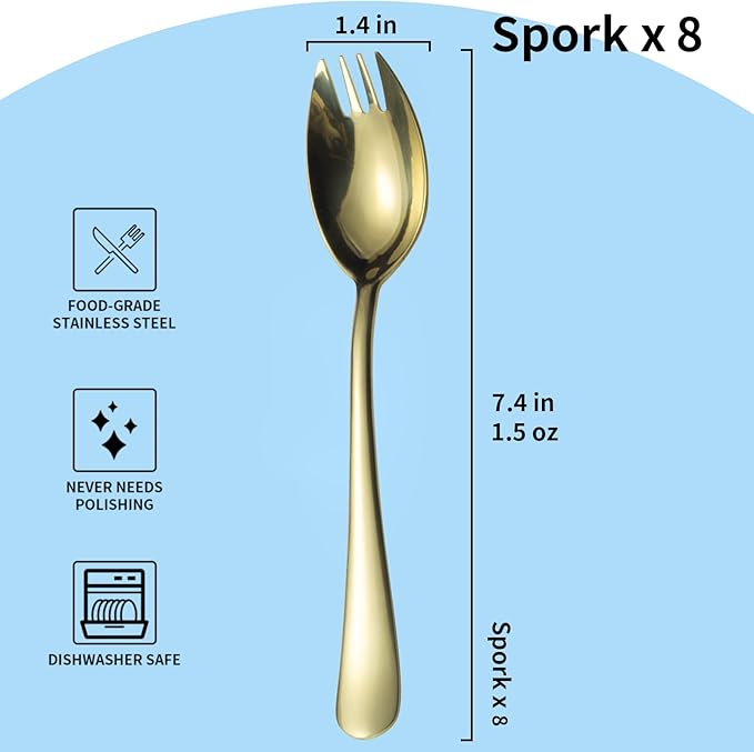 Alata Champagne Gold Mirror Sporks 8-Pack Set Stainless Steel Sporks, 7.4 Inches Long Handle Salad