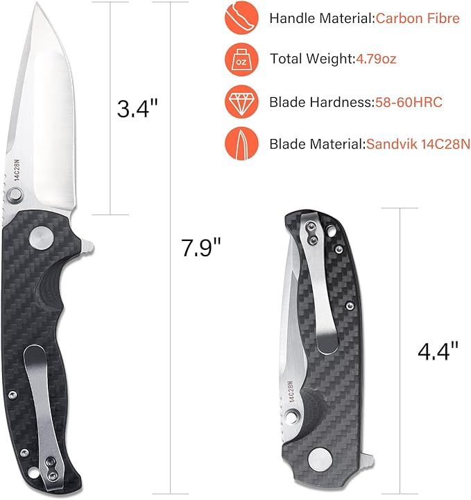 Men's Folding Pocket Knife – 3.4" Sandvik 14C28N Blade Carbon Fiber Handle Ceramic Bearings Liner