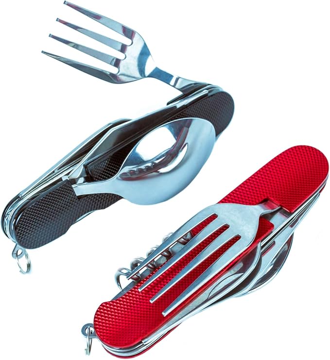 Cluck 6-in-1 Multi-Function Camping Utensil Flatware Set Detachable Spoon Fork Knife Combo Mess Kit