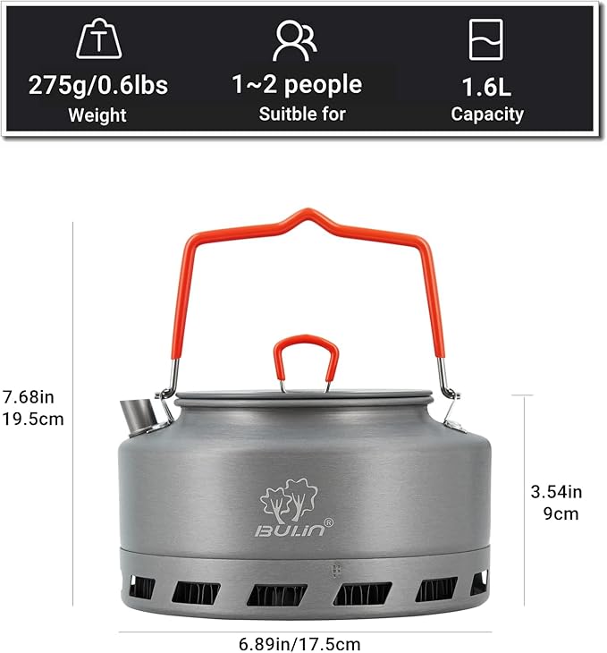 Bulin Camping Kettle 1.6L Heat Exchange Camp Tea Coffee Pot Lightweight Outdoor Hiking Gear