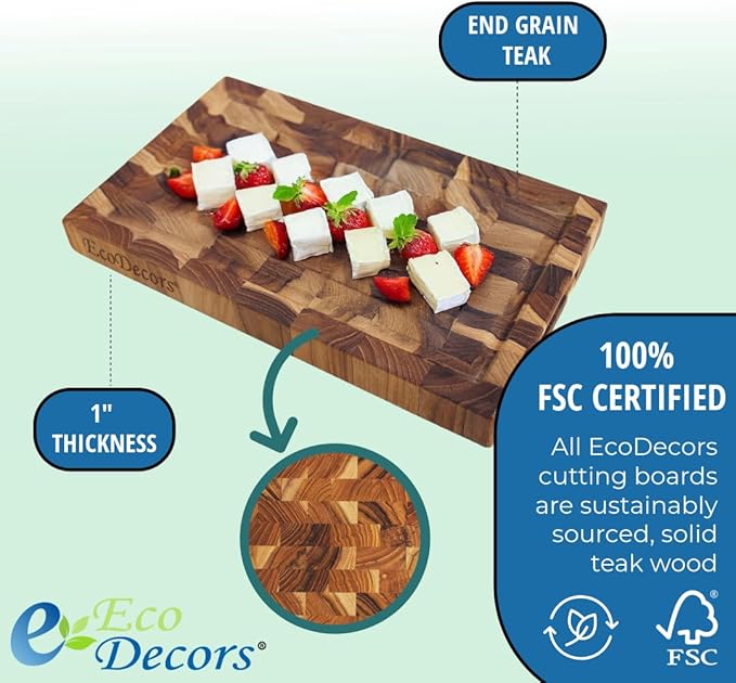 EcoDecors FSC Certified, Solid Teak Cutting Board, 10x6, Compact Reversible End Grain Wood Board