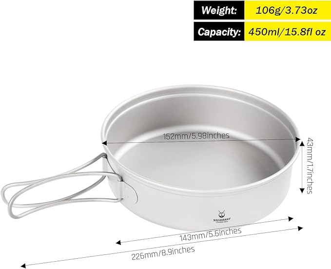 SILVERANT Camping Plate Titanium Pan Dish Plate with Handle & Mesh Bag, Large Reuseable Ultralight