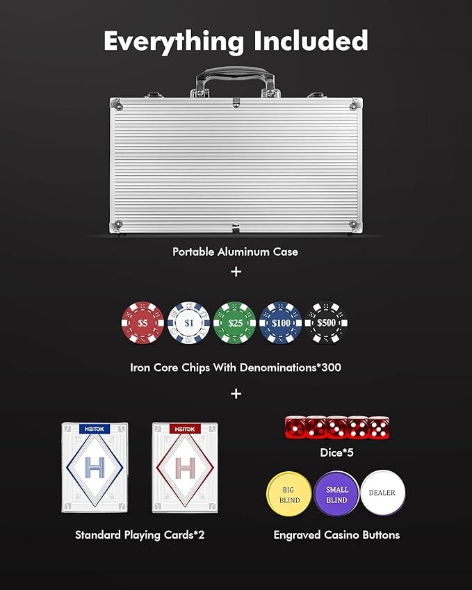 Poker Set with Denominations, 300-pcs 11.5g Weighted Numbered Chips, 5 Dice, 2 Decks with Compact