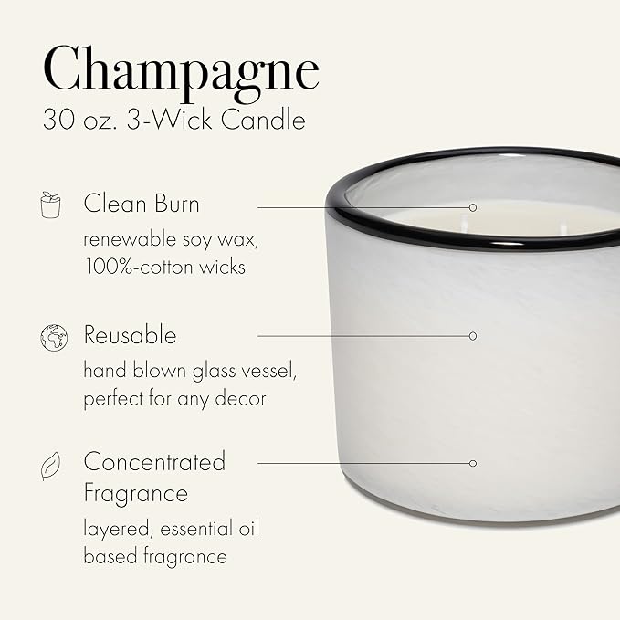 LAFCO New York 3-Wick Candle, Champagne - 30 oz - 120-Hour Burn Time - Reusable, Hand Blown Glass