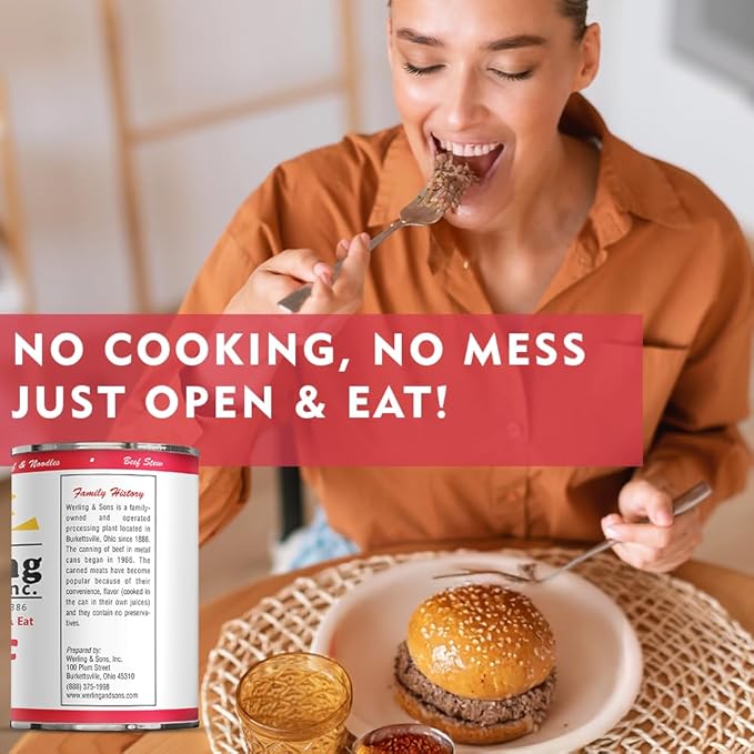 Werling Meat Canned Beef 14.5 Oz ??Fully Cooked, Heat & Eat | Shelf Stable Canned Meat for Pantry